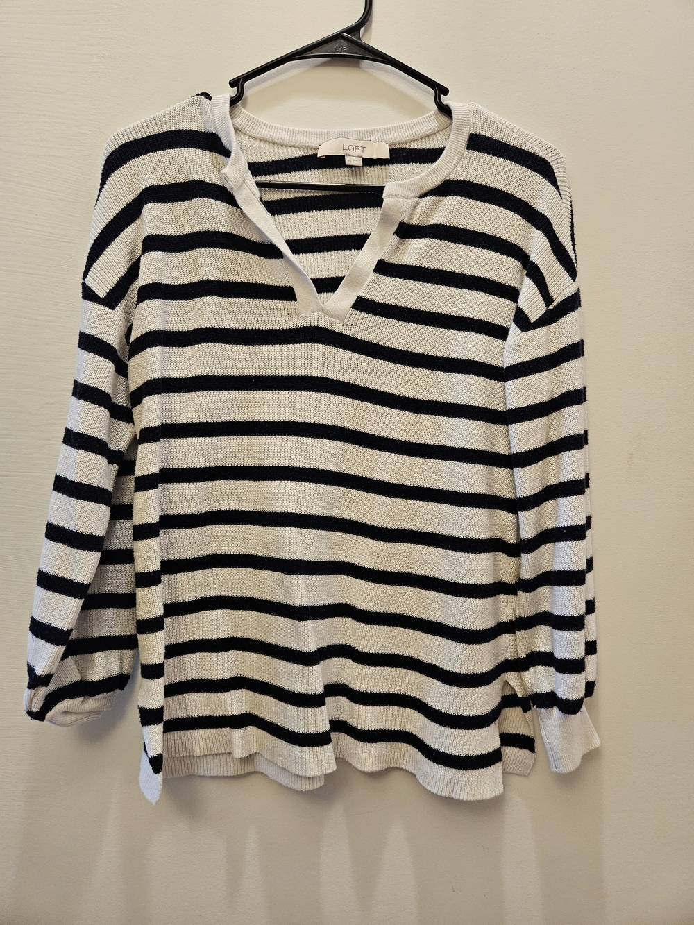 LOFT Black and White Striped V-Neck Pullover